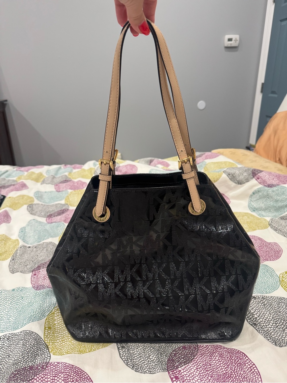 Michael Kors Black Patent Leather MK Logo Jet Set Shoulder Tote with Tan Straps